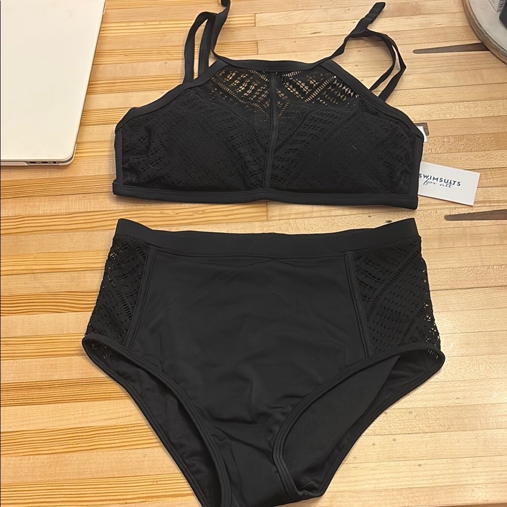 Black High Waist Bikini Set with Lace Detail